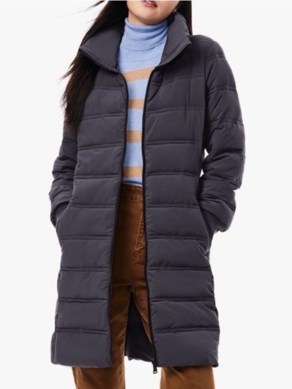 Bernardo Stand Collar Puffer Jacket Quilted Coat Hidden Hood Smoke Blue L NWT
